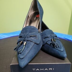 Blue suede heels with tassels